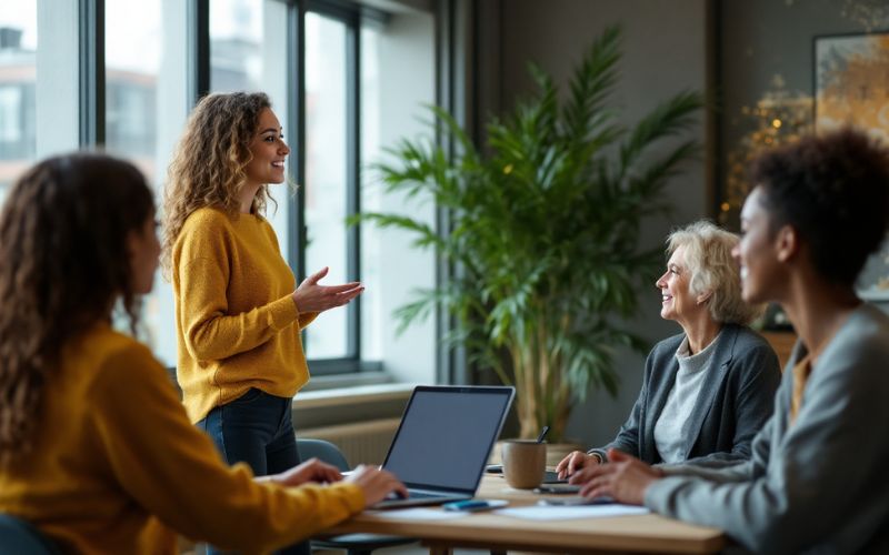 BeufsWege für Frauen e. V., Weiterbildung für Frauen, Frauen stehen und sitzen in einem hellen Raum an einem Tisch, arbeiten und sprechen angeregt.