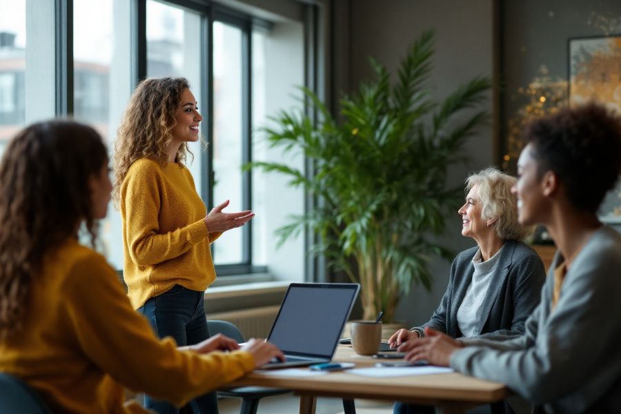 BeufsWege für Frauen e. V., Weiterbildung für Frauen, Frauen stehen und sitzen in einem hellen Raum an einem Tisch, arbeiten und sprechen angeregt.