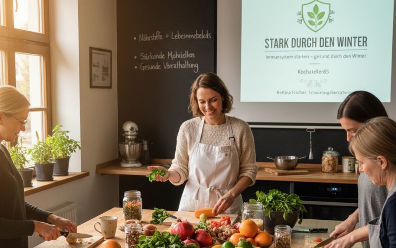 Vortrag Stark durch den Winter. Weiterbildung BerufsWege für Frauen e. V., Frauen kochen gemeinsam in einer großen Küche