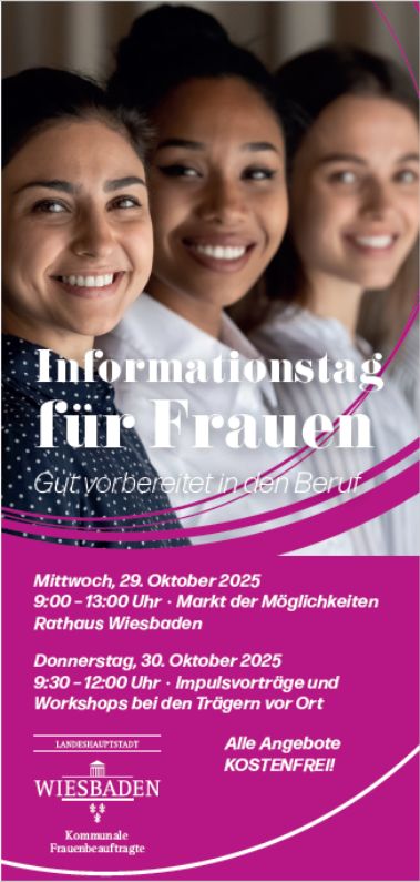 Infowoche für Frauen, Abbildung Flyer, drei Frauen unterschiedlicher Herkunft blicken freundlich in die Kamera